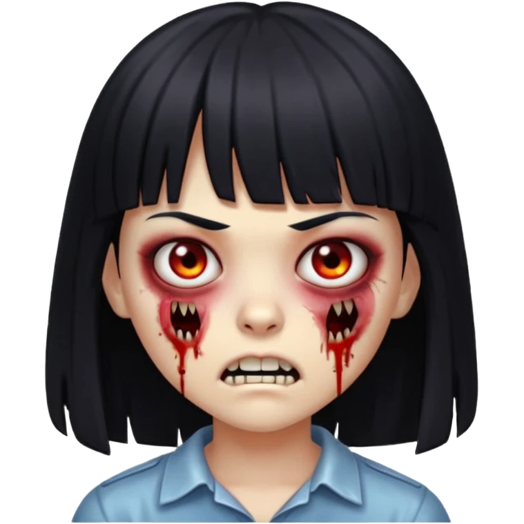 Zombie emoji Girl straight hair and bangs with a serious face and sharp teeth emoji