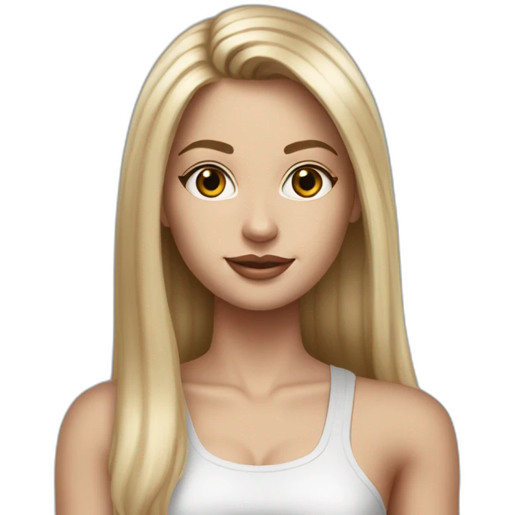 caucasian woman, with long straight hair, blonde hair, brown eyes, white tank top, gray tight mini skirt, black shoes, hyperrealist drawing emoji