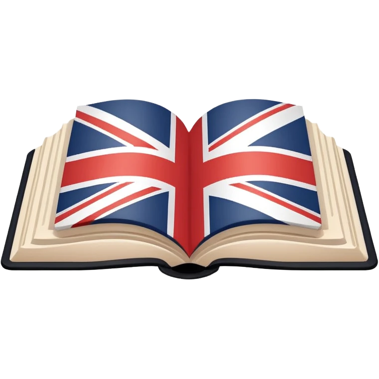 Minimalistic flat vector icon, iOS style, thin black contour on white background. Open book with a small UK/USA flag symbol. No text, no shadows. emoji