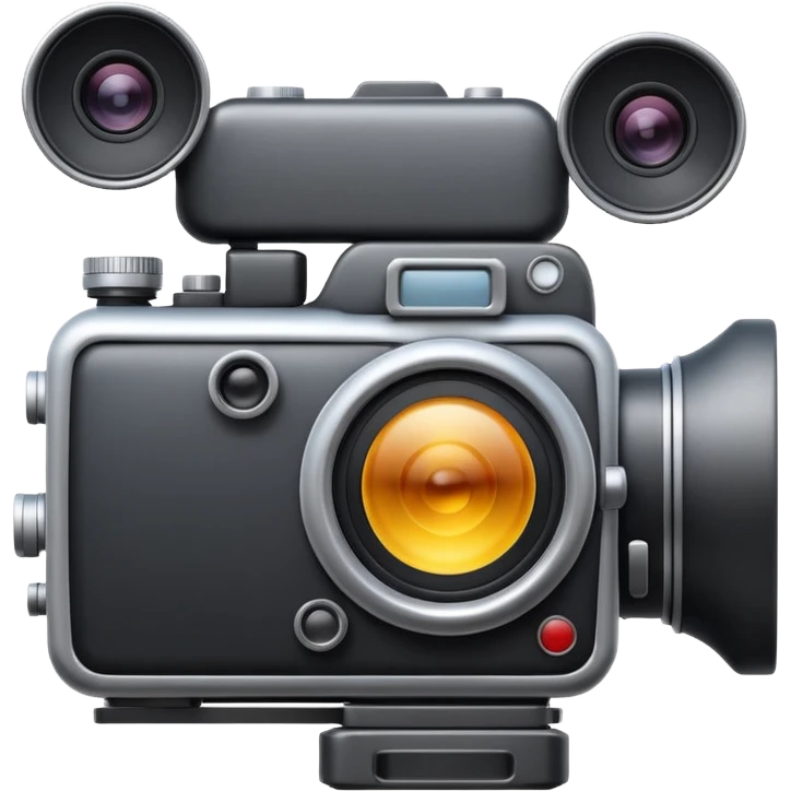 Minimal emoji icon of a huge cinematic metalic camera, front view, realistic lens, no gold emoji