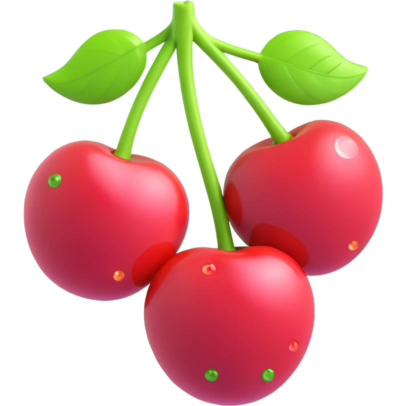 two cherries with green leaves connected by stems, sparkle effect, pink circles in the background, depth, shading, glossy finish, 3D iOS emoji style emoji