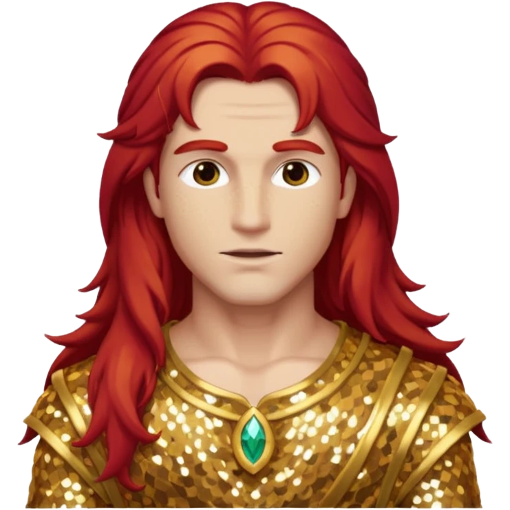 Adonis, God of Beauty from Gods and Goddesses with long red hair, gold sequin outfit emoji