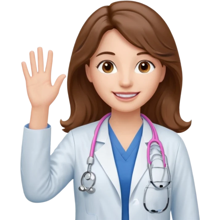 Barbie like emoji of a white woman with brown eyes and long wavy brown hair wearing blue scrubs, white lab coat, pink stethoscope, and raising one hand and a warm smile emoji