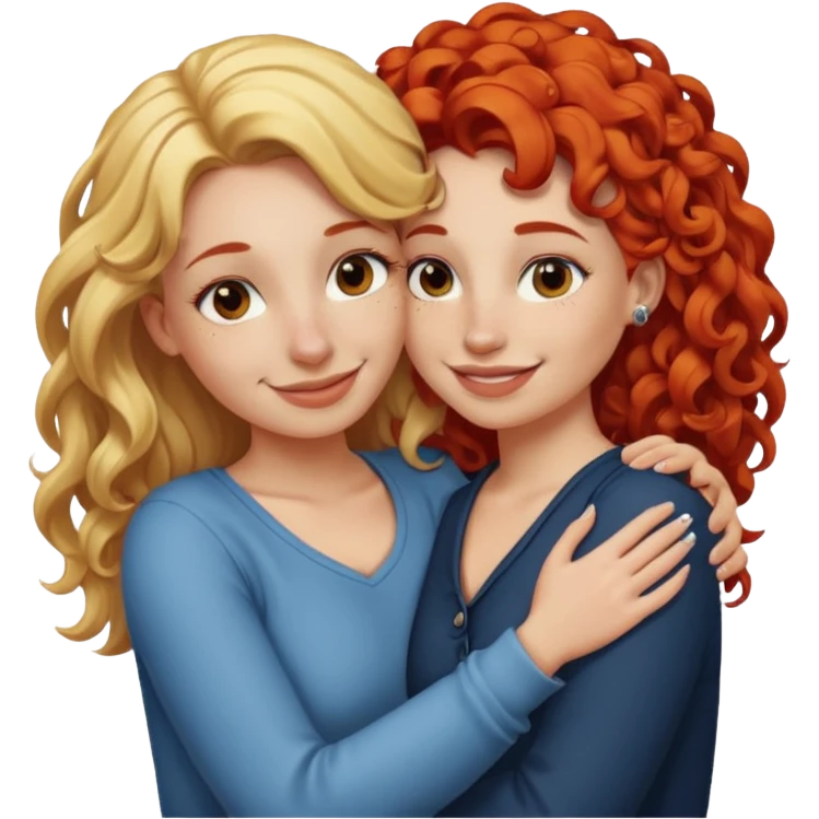 A woman with straight, blonde hair and a nose piercing and a woman with curly red hair and a nose piercing are hugging and smiling together. emoji