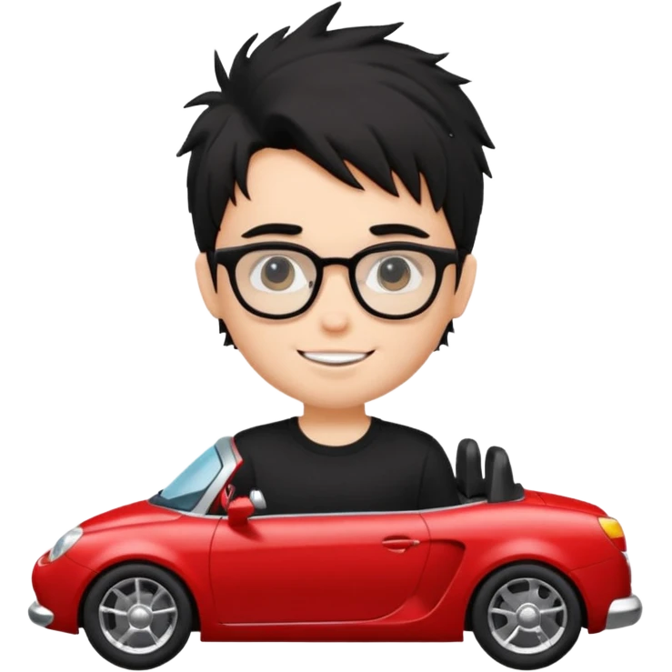 generate a pretty bratz fair skinned boy with black messy hair wearing a black tshirt driving a red car. Glasses on.  emoji