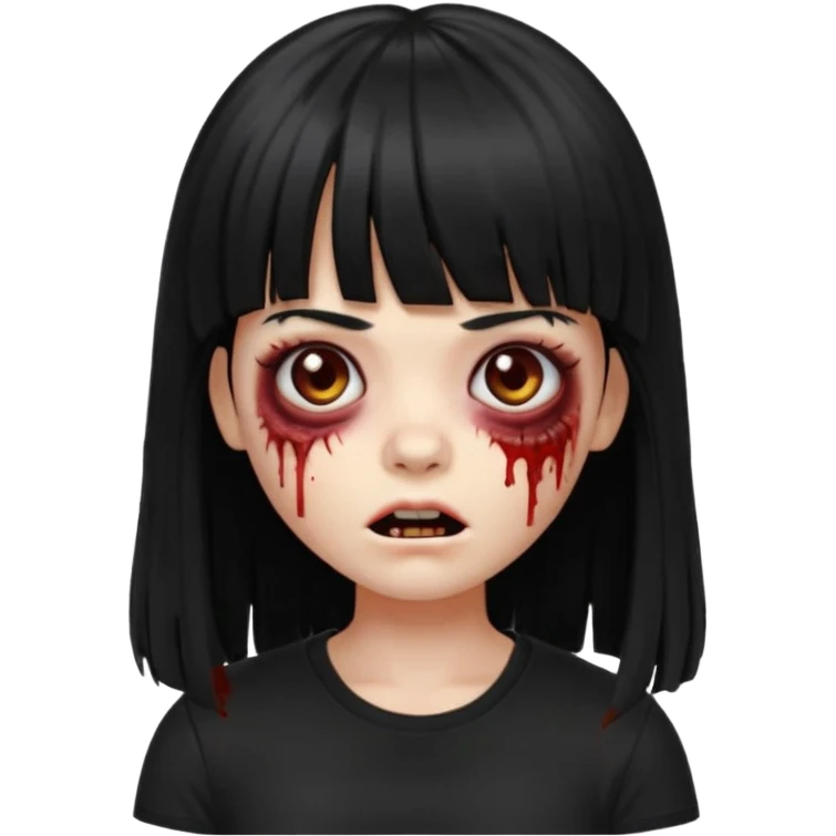 A zombie girl in Apple Memoji format with the longest, straight black hair with bangs, wearing a black shirt. emoji