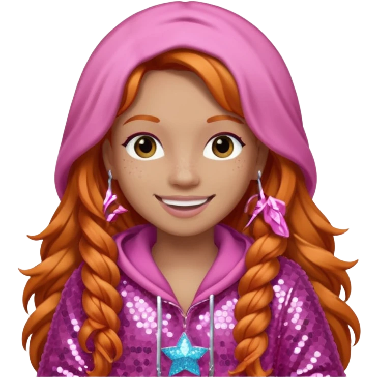 Ice Spice, Rapper (b.2000) with long ginger hair, pink sequin outfit emoji