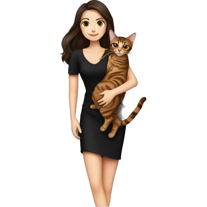 Beautiful skinny woman long dark brown hair in black dress hug bengal cat emoji