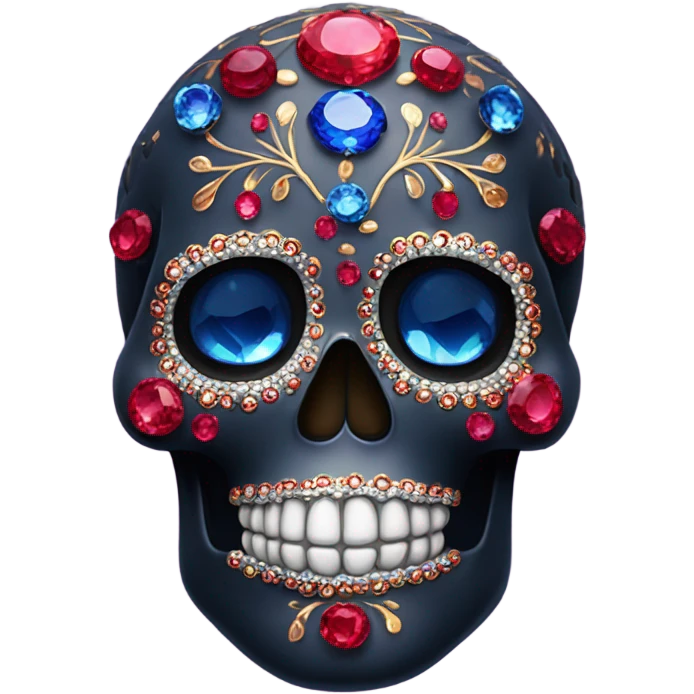 Realistic single isolated decorative sugar skull with sparkling rubies and sapphires in dark colo emoji