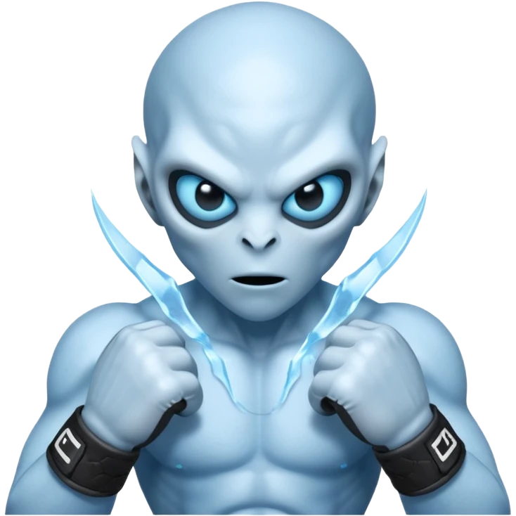 ice alien MMA fighter portrait, head and shoulders only, icy blue skin, frost aura, glowing cold eyes, combat gloves, 3D cartoon, mobile game icon style, clean background, no text, no watermark
 emoji