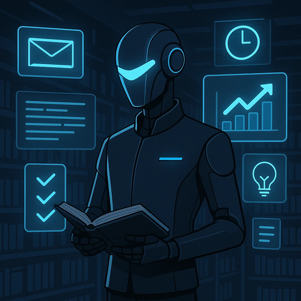 futuristic robot librarian, dark mode, with holographic screens and glowing productivity icons, dressed in minimalist smart attire emoji