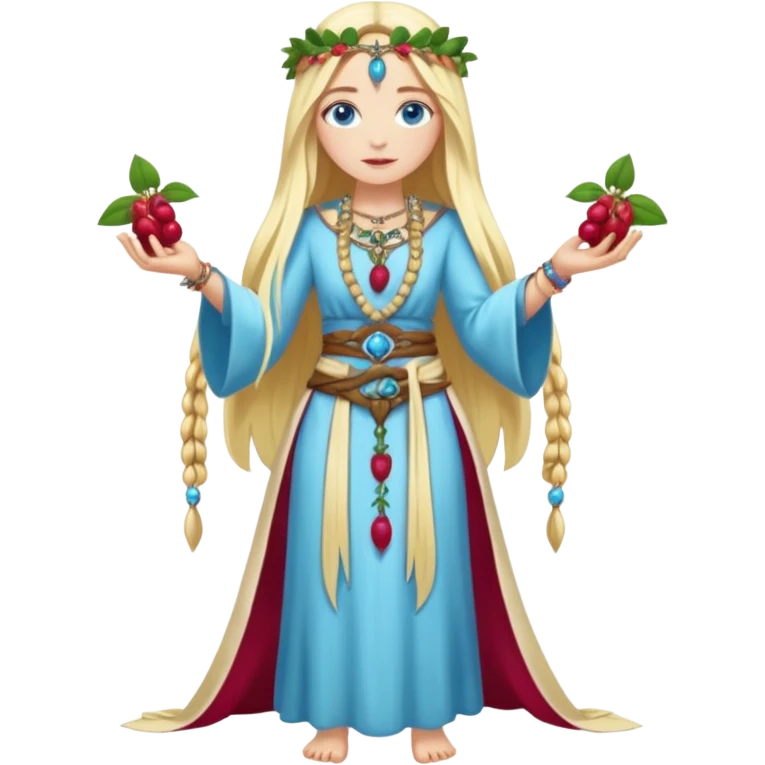 full body woman long blonde hair blue eyes white skin fruit priestess with berry belt and leaf jewelry emoji