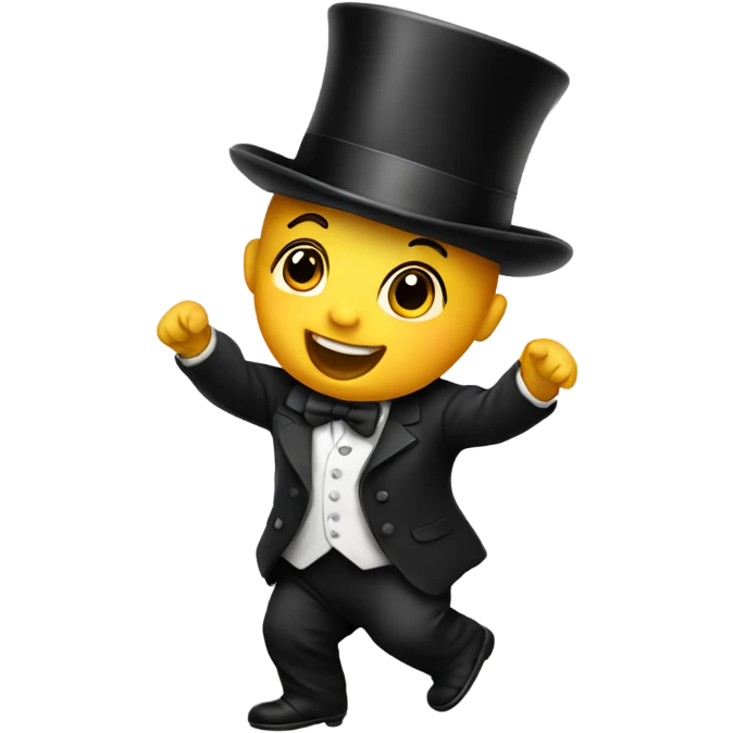 A baby wearing a top hat and dancing emoji