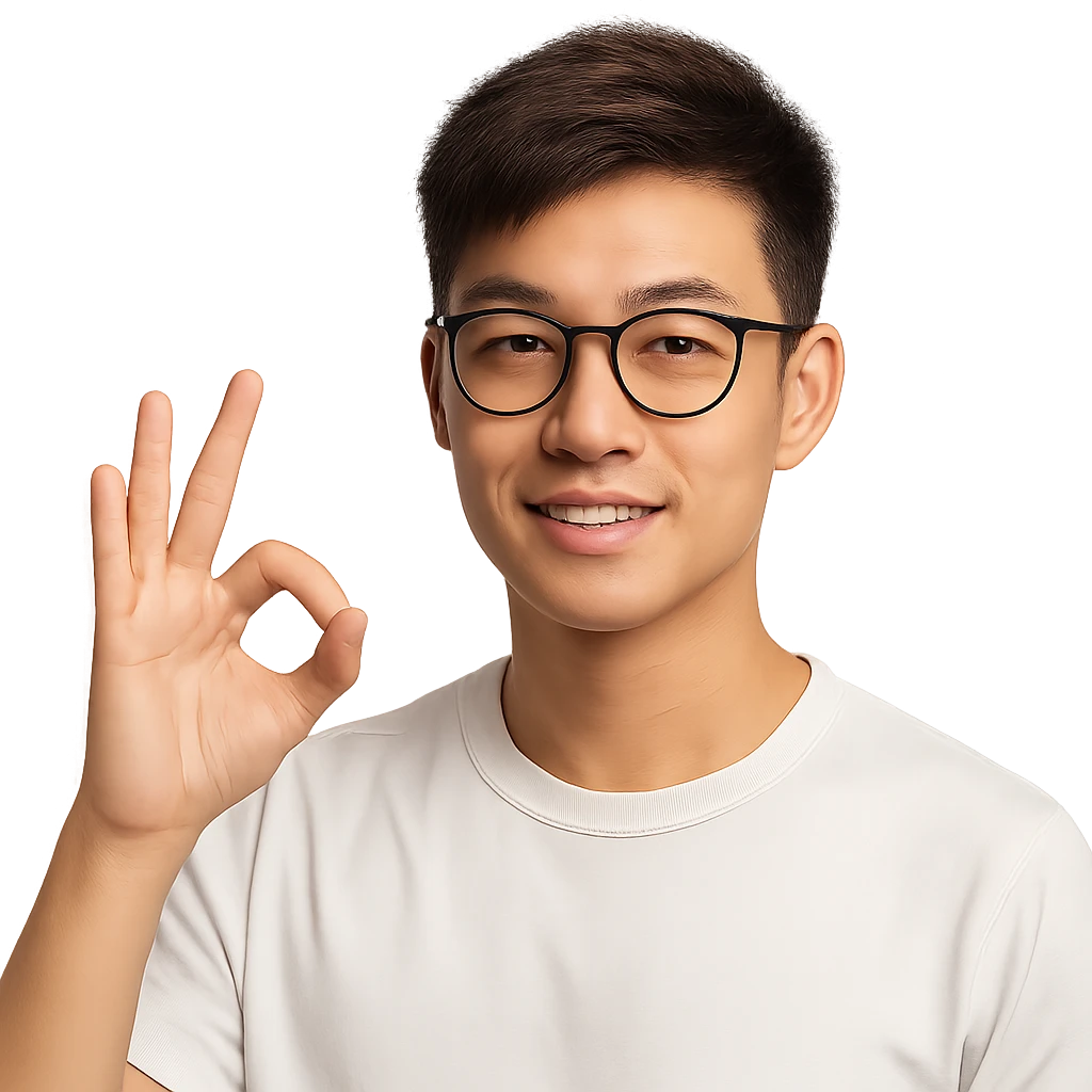a young Asian man with cool brown short hair, wearing black framed glasses, a white top, making an OK gesture with his right hand, and smiling confidently emoji