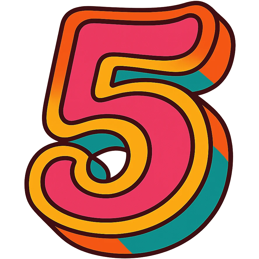 number 5 in a retro 70s style, bubble lettering with psychedelic colors emoji