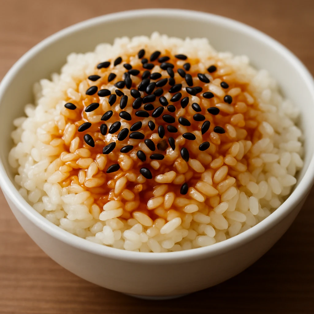 A dish of rice topped with black sesame seeds and soy sauce. emoji