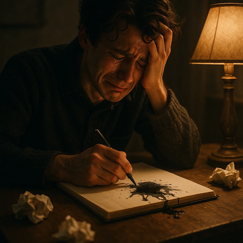 An emotional writer at a desk, tears falling onto a notebook, ink running. Warm lamp lights the scene, crumpled papers on the floor. Artistic, cinematic vibe, overwhelmed expression. emoji