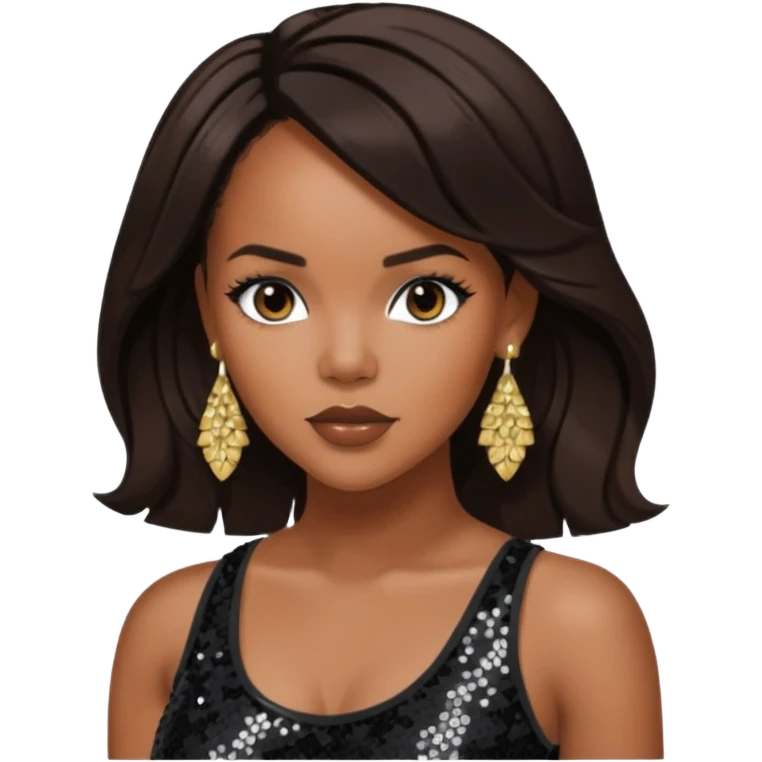 LeToya Luckett with long dark brown hair, black sequin crop top, black earring emoji