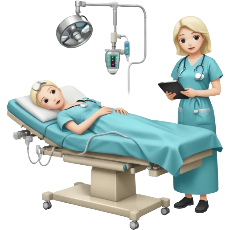 A colonoscopy procedure in progress in a clean, clinical operating room, showing a patient lying on an examination bed while the procedure is being performed, realistic medical environment. emoji