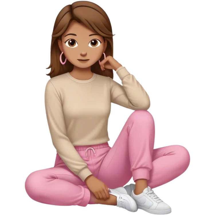 girls, brown hair, tan light brown skin, mid hoop earrings, cream long sleeve top, pink pants, sitting emoji
