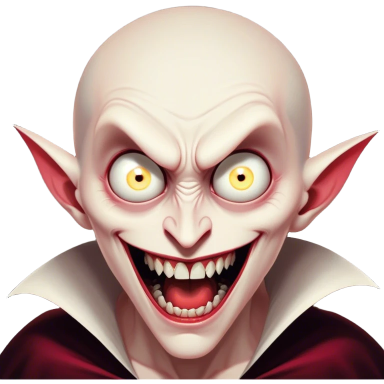 Cinematic Comical Vampire Portrait Emoji, with a sharply stylized, slightly caricatured pale face accented with exaggerated fangs and overly dramatic wide eyes filled with comic shock, head tilted in a hilariously startled pose, simplified yet amusingly detailed, glowing with a soft mysterious glow and a playful outline capturing the quirky humor of a vampire in disbelief! emoji