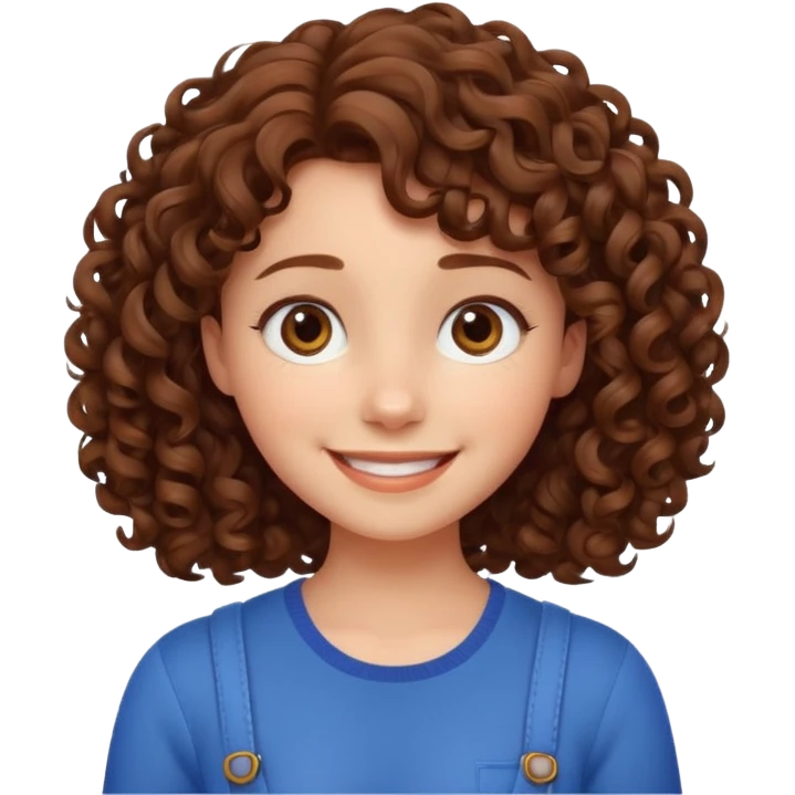 cute brown haired girl with curly hair and bright smile, make it pixar style emoji