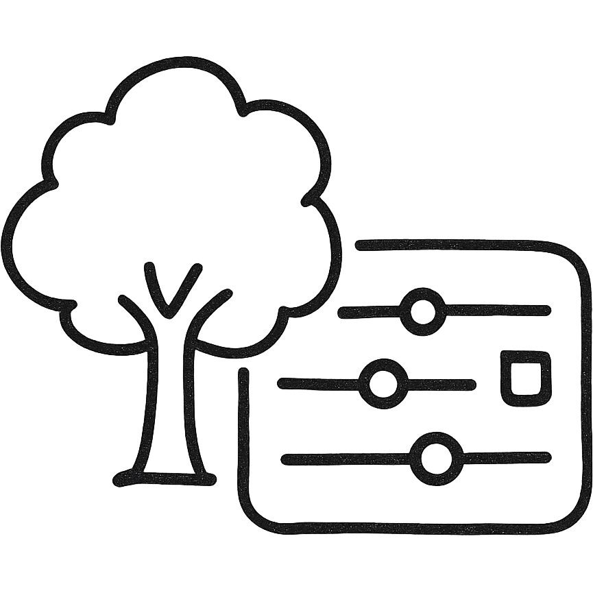 A tree with configurable settings and parameters depicted as interactive sliders and buttons emoji