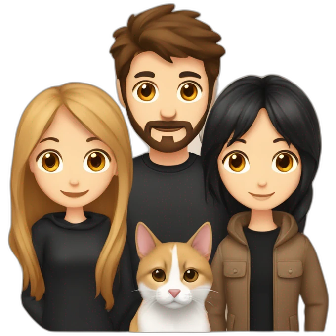 A girl with long brown hair, a guy with black hair and a beard, a small Belgian shepherd and a cat of golden color with cinnamon emoji