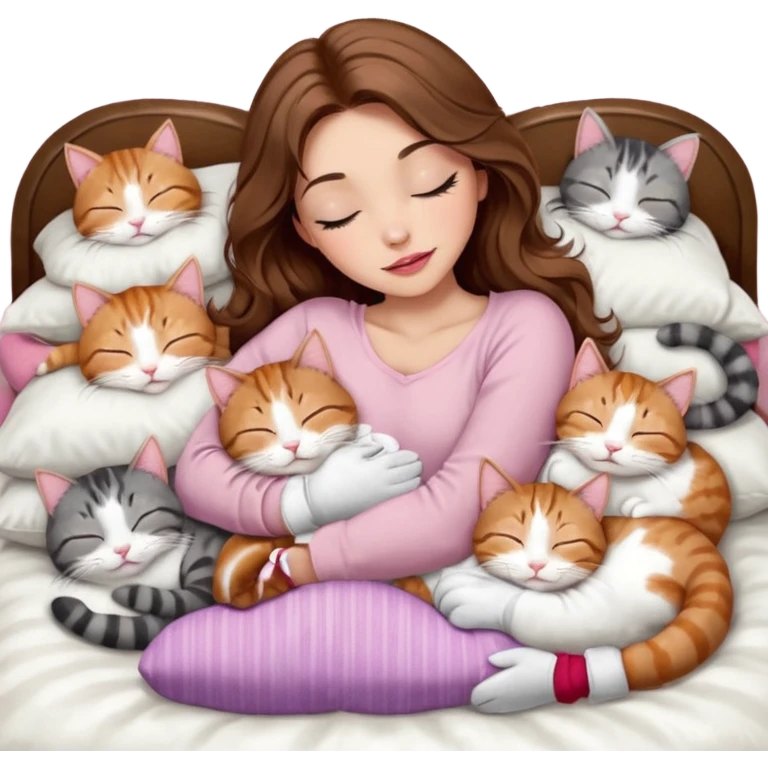 girl with long wavy brown hair, brown eyes, long lashes makeup, sexy pink lips, light to medium complexion,  sleeping on a cozy pillow, with 6 cats: 1 brown and white tabby cat, 1 ginger and white, 2 grey and white, 1 grey with white mittens and small white patch on chest and 1 calico, sleeping emoji