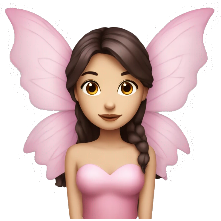 Beautiful, rose, fairy, pink, long dark brown hair, big wings, fair skin emoji