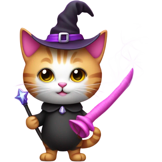 Pink kitty with wand and witches hat emoji