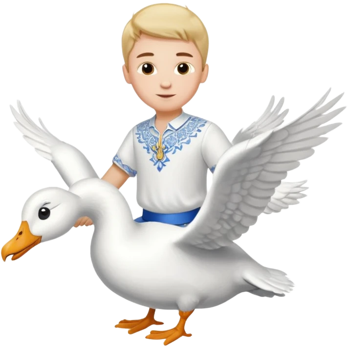 A boy in a Ukrainian white embroidered shirt flies on a white goose emoji