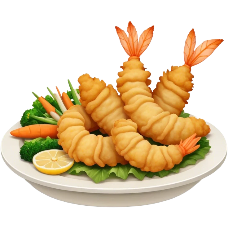 Cinematic Realistic Tempura Dish Emoji, depicted as lightly battered and fried seafood and vegetables rendered with delicate textures and crisp, inviting lighting. emoji