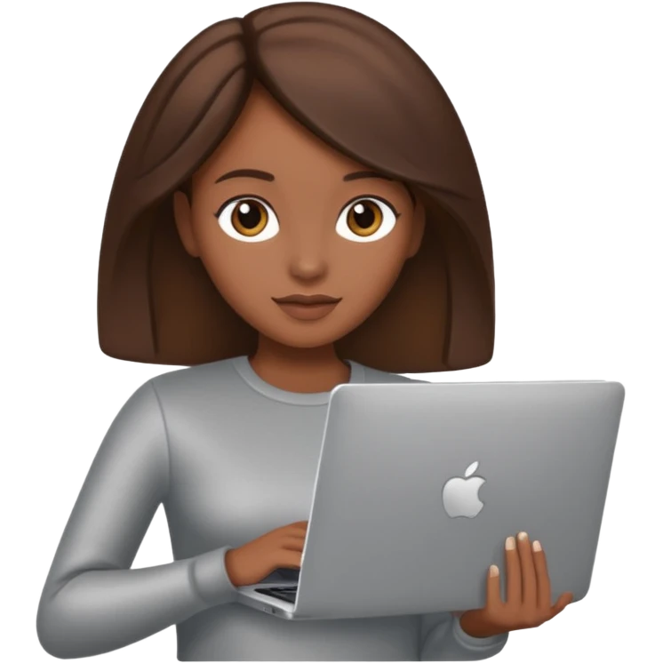 memoji of a brown hair female with a grey laptop in front, apple-style, modern emoji