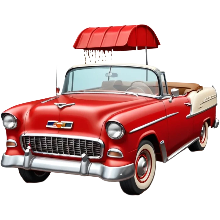 1955 Chevrolet Bel Air Convertible, Red-White color, with a bucket of brown mud pouring down on it, and the car itself is covered in brown mud on the sides that has stuck.32x32 pixels, aspect ratio: 1:1 emoji