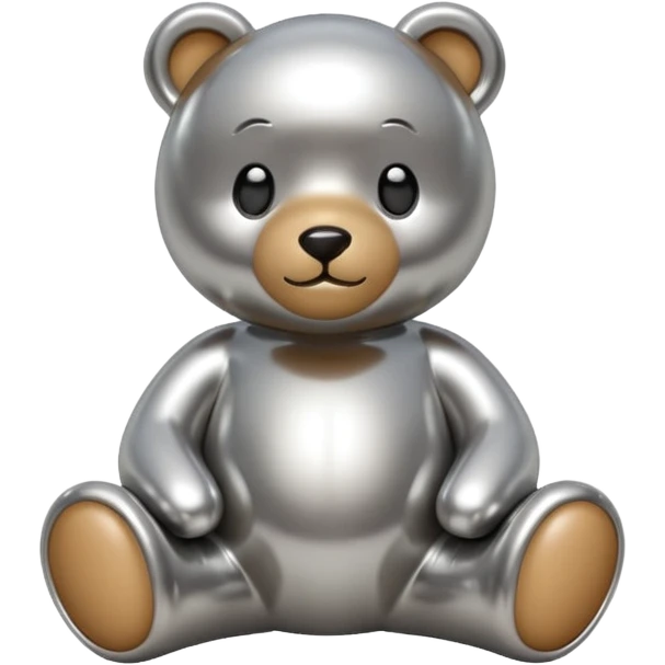 A cute teddy bear emoji made of liquid silver chrome, smooth rounded body, glossy metallic surface, soft reflections, friendly proportions, iOS emoji style, centered, clean white background emoji