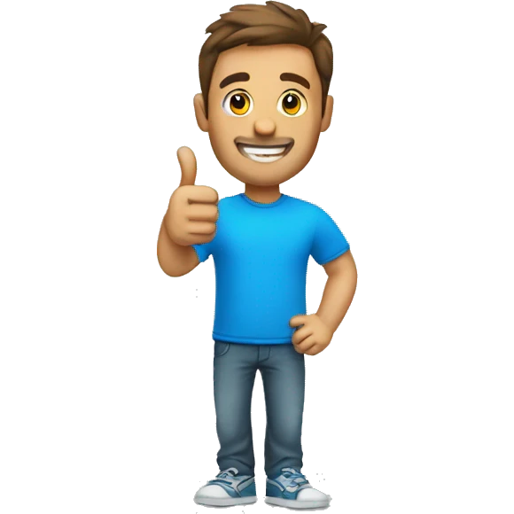 a man in a blue T-shirt smiles and shows a thumbs up emoji