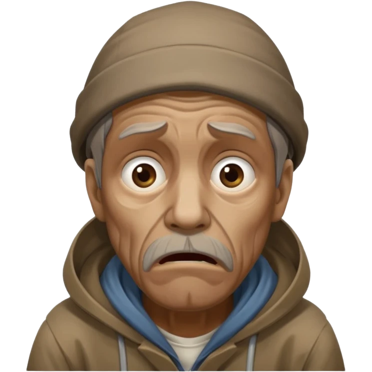 homeless man with a dead stare, looking into the abyss, shocked by overwhelming information emoji