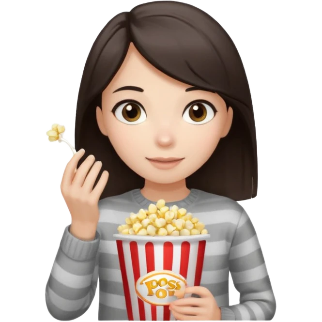 girl with dark brown straight hair, striped light sweater, gray eyes, holding popcorn in her hands emoji
