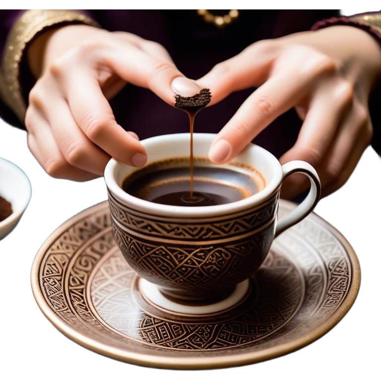 An empty Turkish coffee cup sitting on a saucer, with dark coffee grounds forming intricate and mysterious patterns inside the cup. The cup has been turned over, leaving a distinct ring of coffee residue on the saucer. A fortune teller’s hand is gently lifting the cup, revealing hidden symbols and shapes in the leftover grounds, creating a mystical and intriguing atmosphere emoji