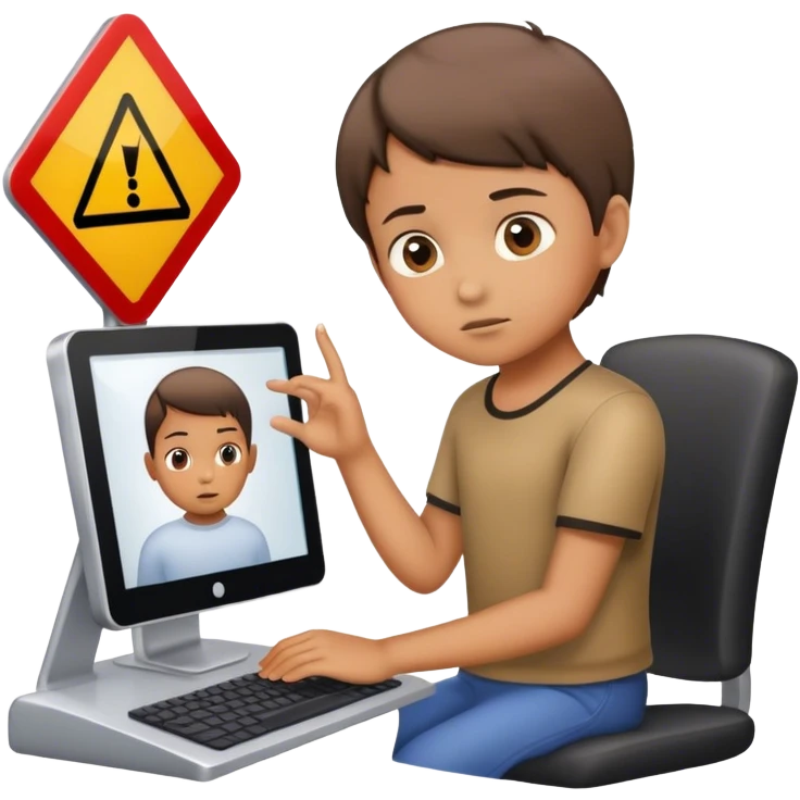 un niño trabajando con el ordenador, y en la pantalla un señal de advertencia emoji