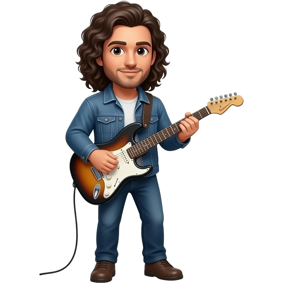 Caucasian man with long dark curly hair with jean jacket on playing electric guitar emoji