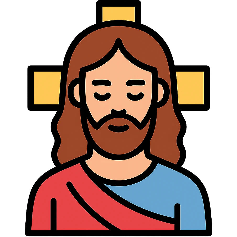 Icon-style Jesus, minimalistic color palette, outlined features, peaceful face, subtle cross in background emoji