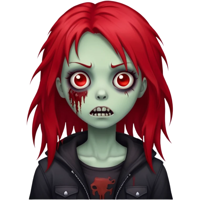 spooky zombie girl, red medium-long hair, emo and shaggy, creepy face emoji