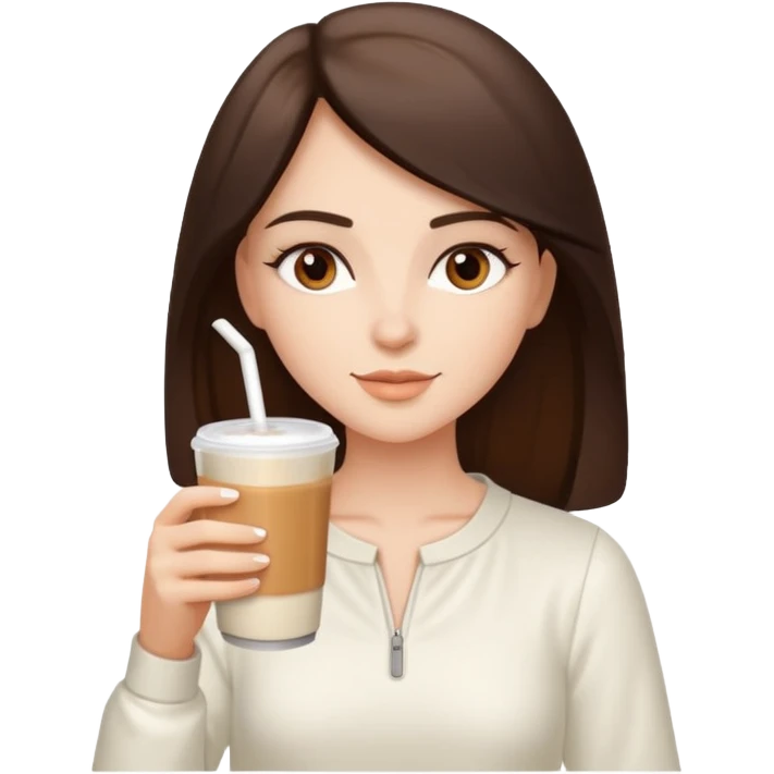white brunette with brown eyes and a white outfit, drinking a caramel machiatto emoji