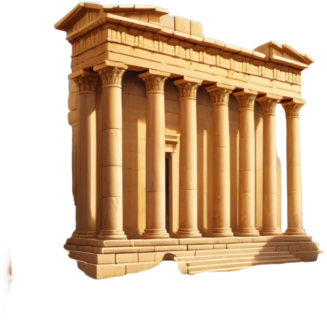 Baalbek temple – Cinematic Realistic Baalbek Temple, depicted as an ancient Roman temple complex with towering columns and intricately carved stone details, bathed in golden sunlight and dramatic shadows that evoke timeless historical grandeur. emoji