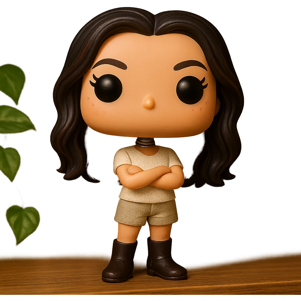 Enhance the quality of the Funko Pop style image with dark hair featuring subtle auburn highlights, even darker leather boots, smooth tanned skin, textured clothing (cream top, greige bottom), crossed arms, rosy cheekbones, very subtle freckles, a mischievous and playful expression without a mouth, and a transparent background. emoji