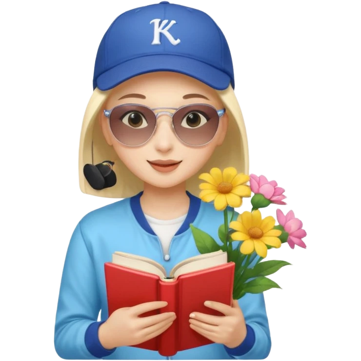 A happy girl with light skin, bald, wearing a baseball cap and sunglasses, dressed in K-pop fashion, is reading a book while holding a flower bouquet. emoji