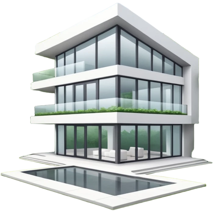 A modern house with clean architectural lines, large glass windows, minimalist design, white and gray tones, surrounded by greenery, soft natural lighting, realistic style, high detail
 emoji