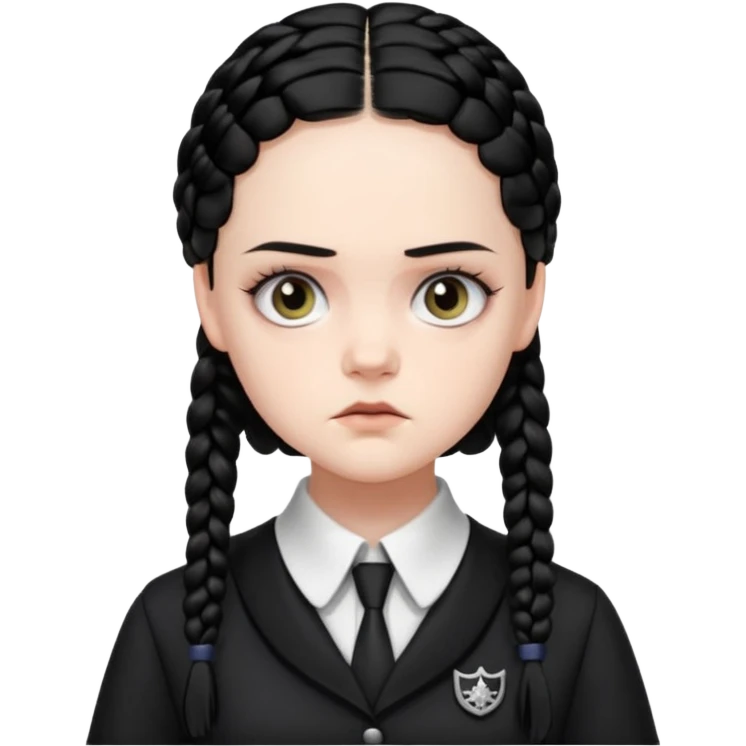 Draw Wednesday Addams (Jenna Ortega) with pale skin, black braids, dark uniform, white collar & intense stare. emoji